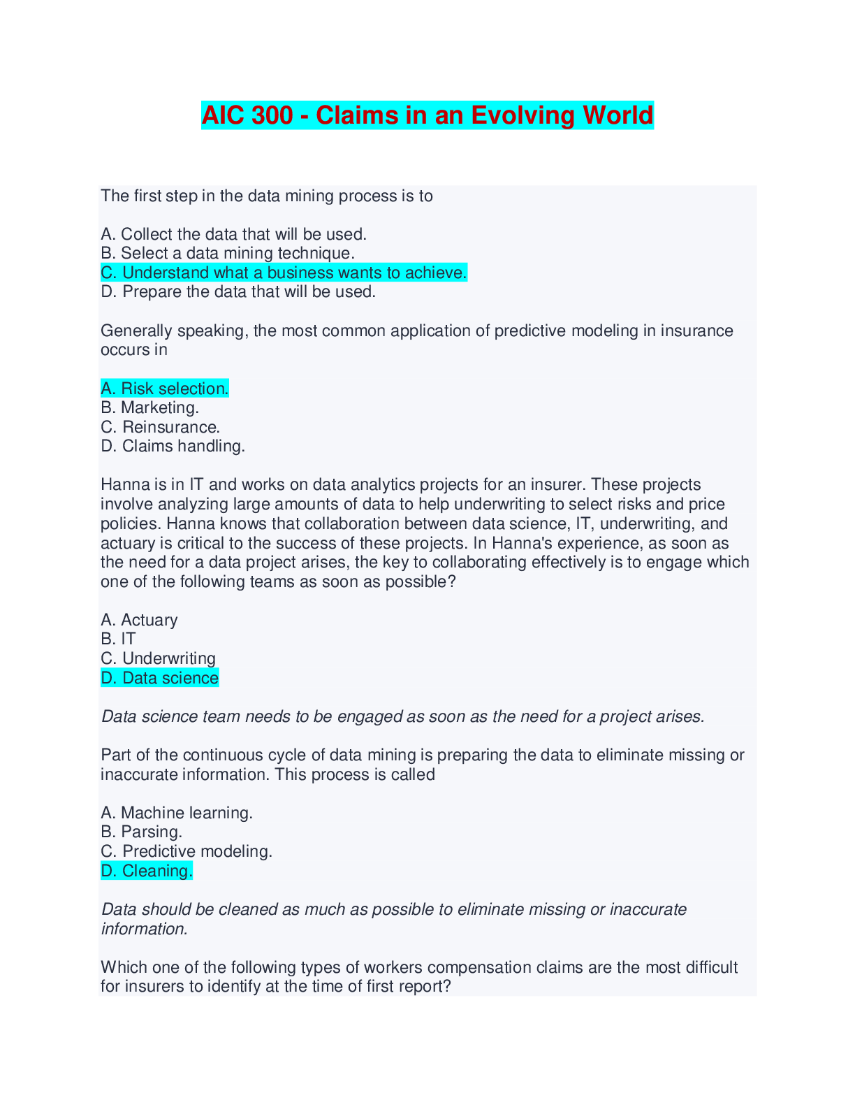 AIC 300 - Claims in an Evolving World - Complete Solutions with Verified Answers