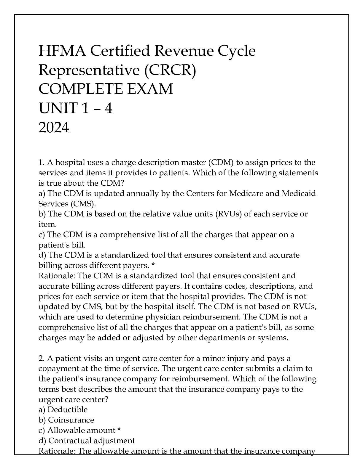 Preview image for HFMA CRCR COMPLETE EXAM WITH ANSWERS & RATIONALES UNIT 1 - 4 2024
