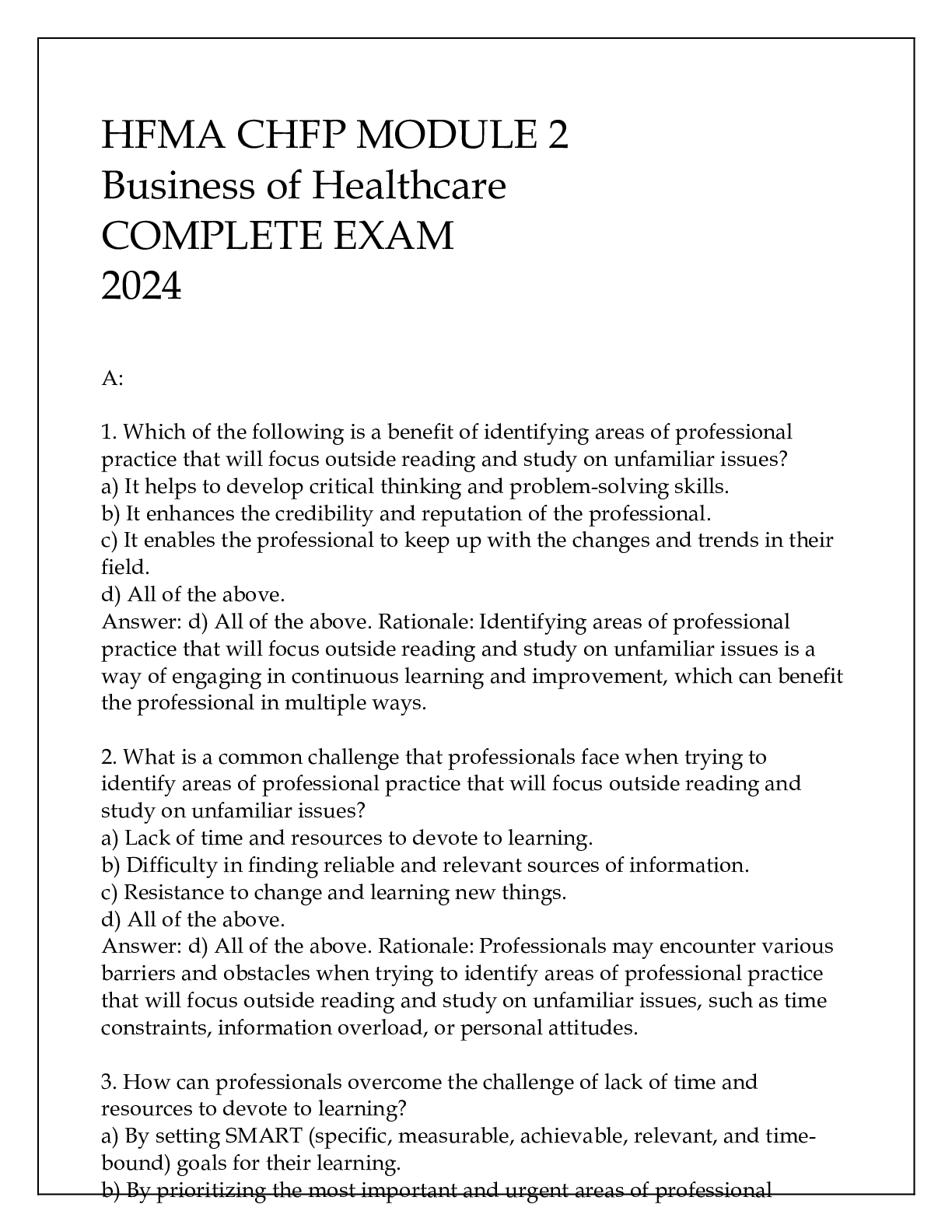 Preview image for HFMA CHFP MODULE 2 BUSINESS OF HEALTHCARE COMPLETE EXAM WITH ANSWERS & RATIONALES 2024