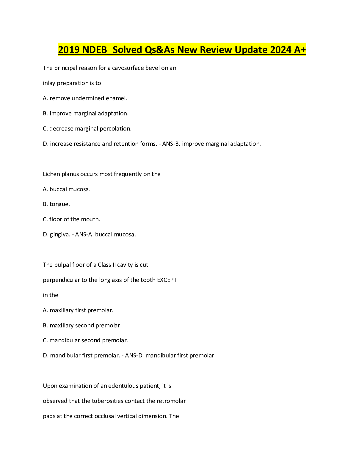 Preview image for 2019 NDEB_Solved Qs&As New Review Update 2024 A+