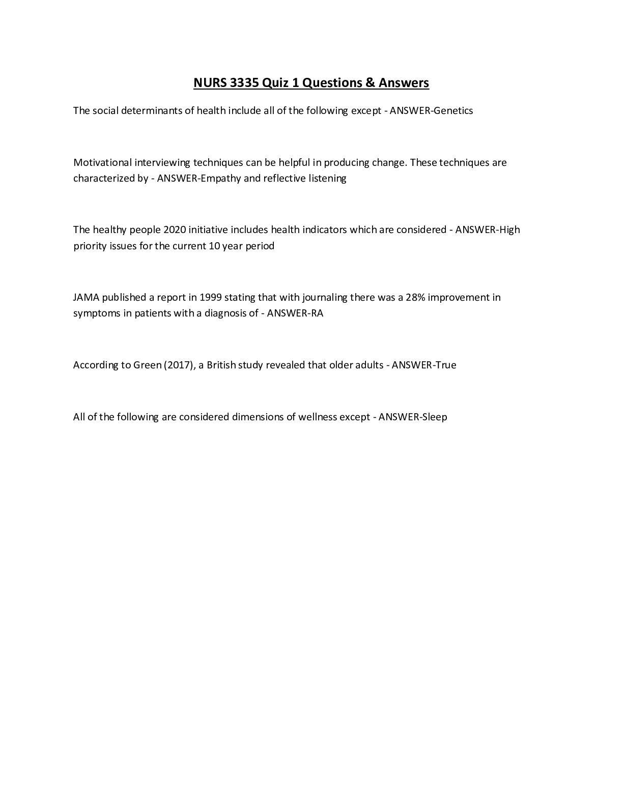 Preview image for NURS 3335 Quiz 1 Questions & Answers