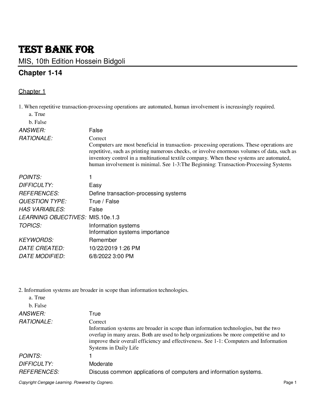 Test Bank for MIS, 10th Edition Hossein Bidgoli