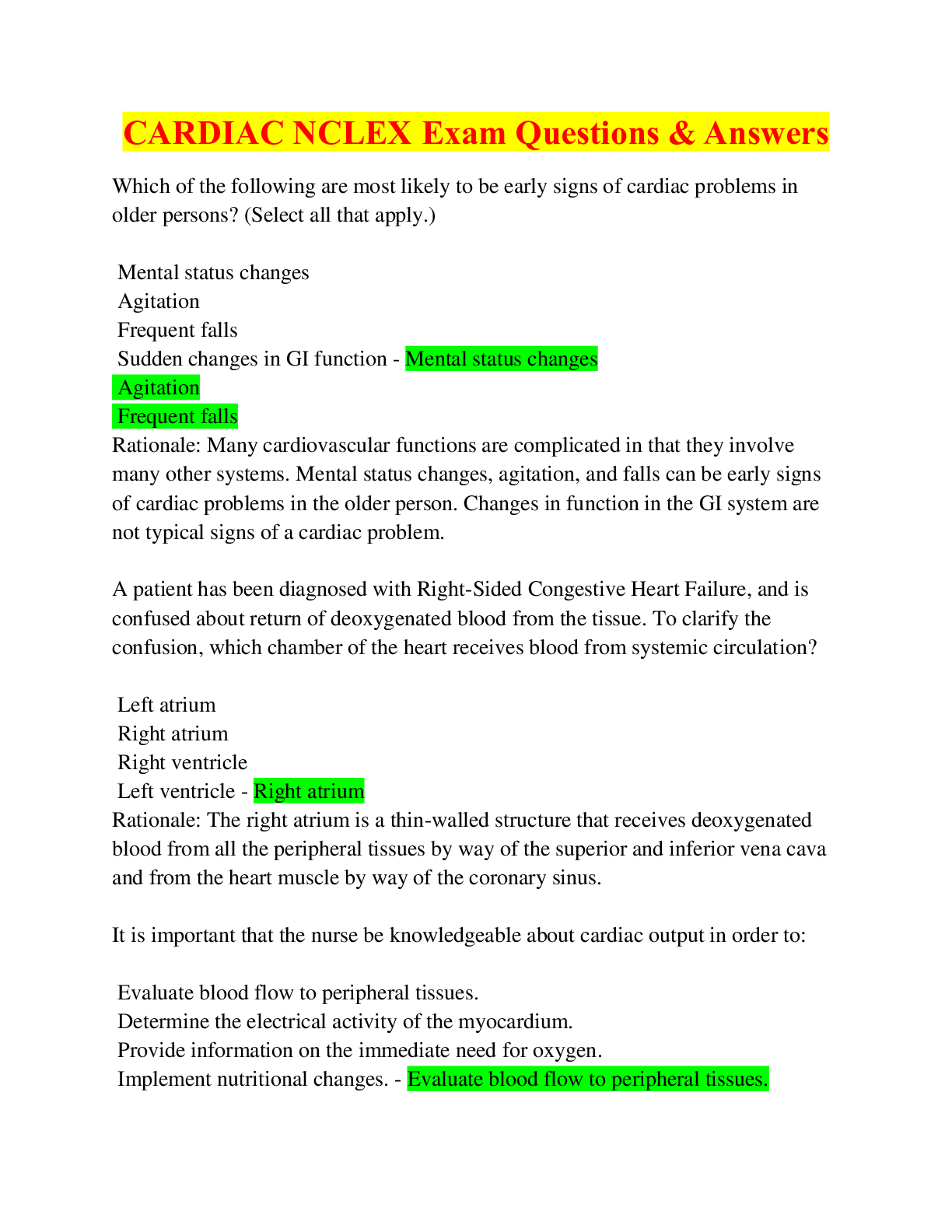 CARDIAC NCLEX Exam Questions & Answers, Latest 2024 ( All 100% Correct)