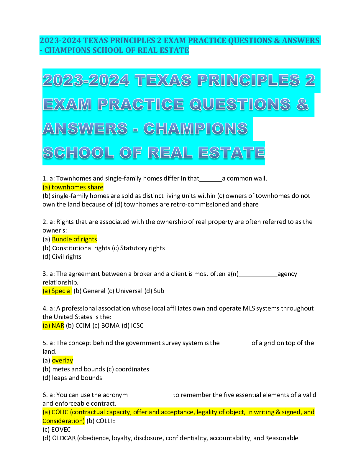 Preview of 2023-2024 TEXAS PRINCIPLES 2 EXAM PRACTICE QUESTIONS &amp; ANSWERS - CHAMPIONS SCHOOL OF REAL ESTATE