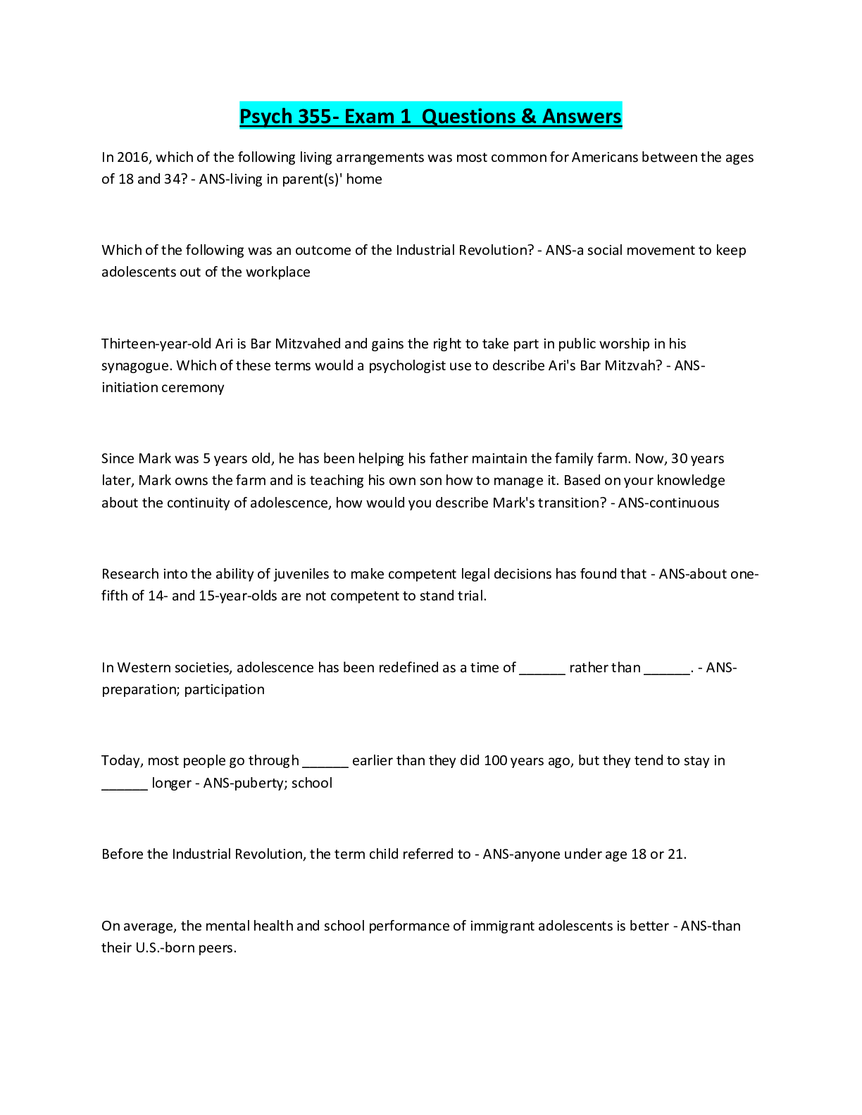 Preview image for Psych 355- Exam 1 Questions & Answers