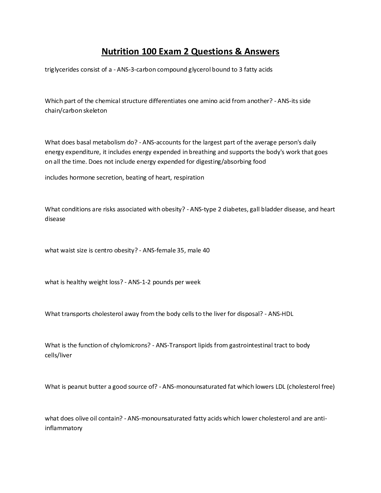 Preview image for Nutrition 100 Exam 2 Questions & Answers