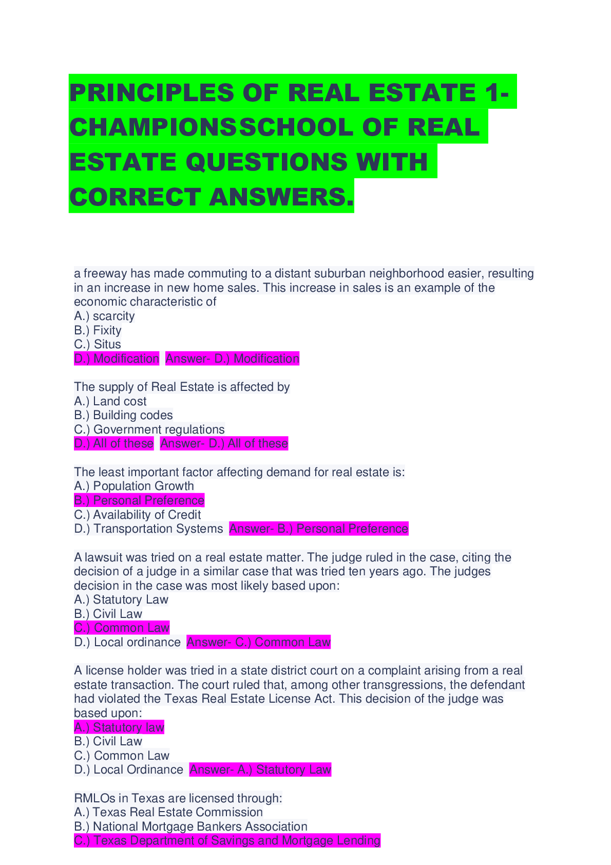 Preview of PRINCIPLES OF REAL ESTATE 1- CHAMPIONS SCHOOL OF REAL ESTATE QUESTIONS WITH CORRECT ANSWERS.