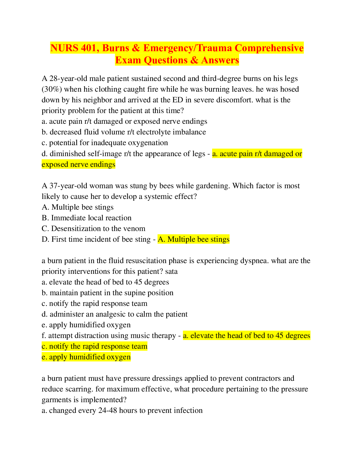 Preview of NURS 401, Burns & Emergency/Trauma Comprehensive Exam Questions & Answers (Graded 100%)