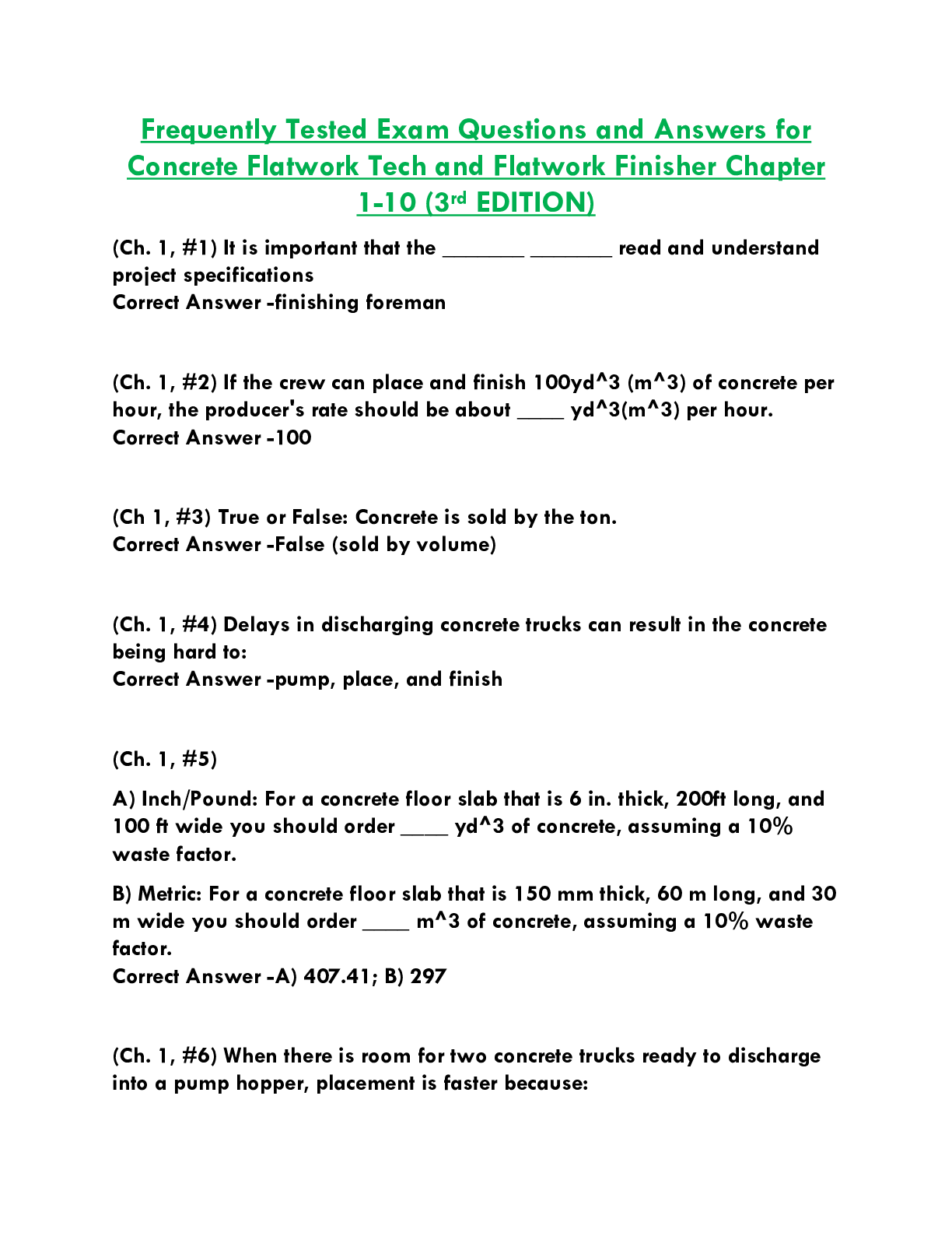 Frequently Tested Exam Questions and Answers for  Concrete Flatwork Tech and Flatwork Finisher Chapter  1-10 (3rd EDITION)