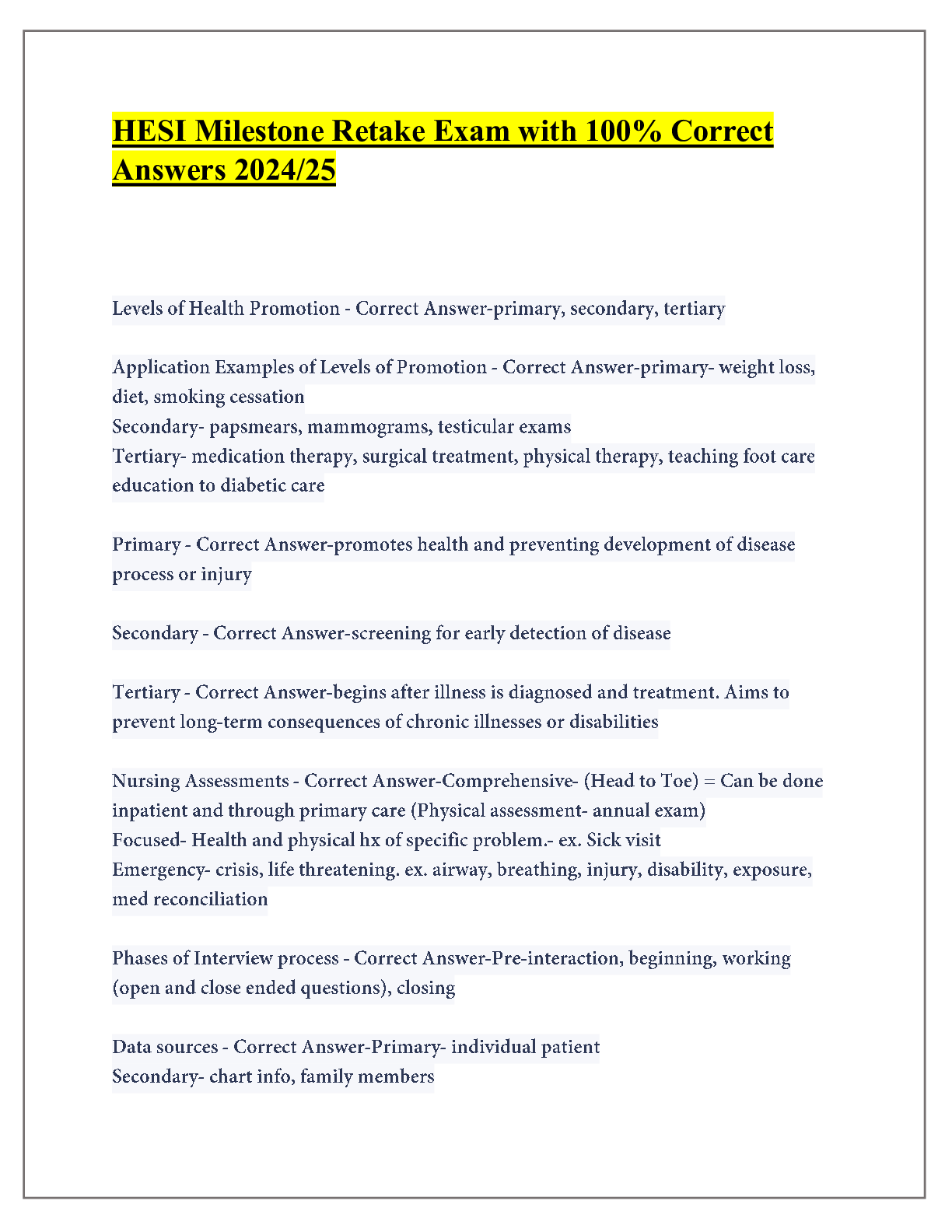 Recommended document preview for HESI Milestone Retake Exam with 100% Correct Answers 2024/2025