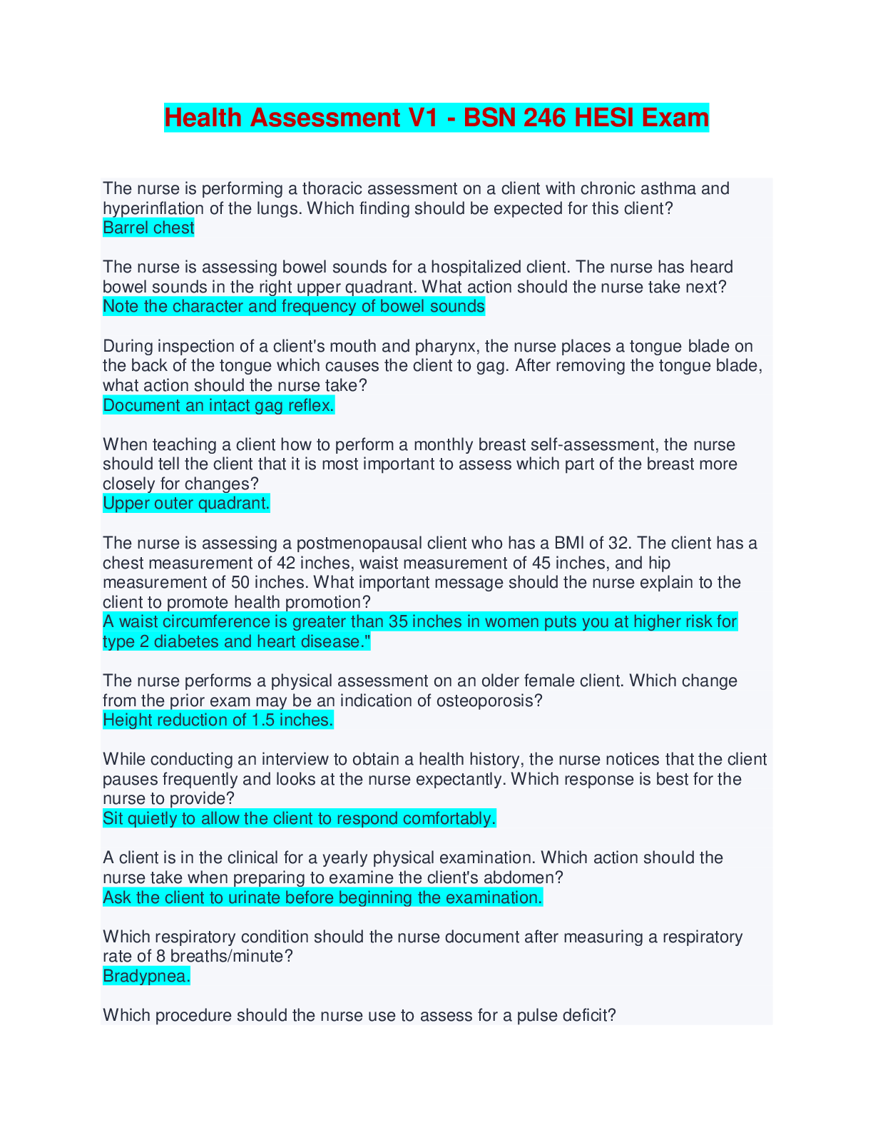 Health Assessment V1 - BSN 246 HESI Exam | With 100% Correct Answers, Graded A