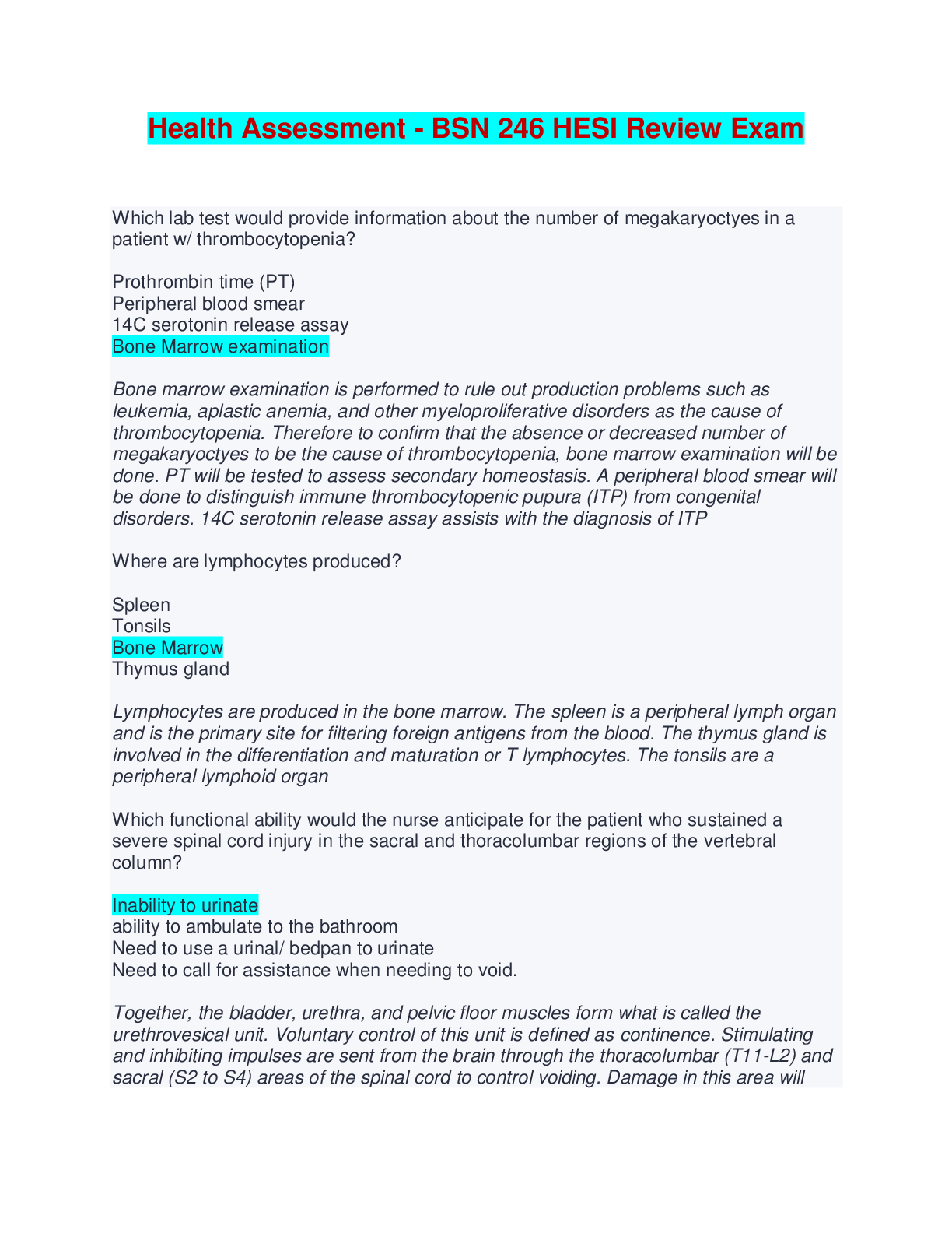 Health Assessment - BSN 246 HESI Review Exam - (Complete Solutions, Answered)