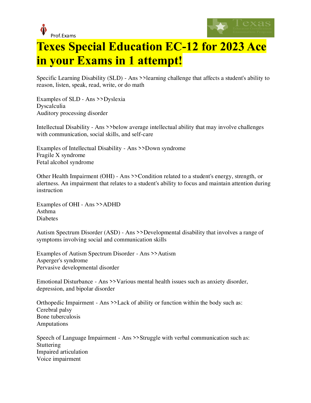 Preview image for Texes Special Education EC-12 for 2023 Ace in your Exams in 1 attempt!