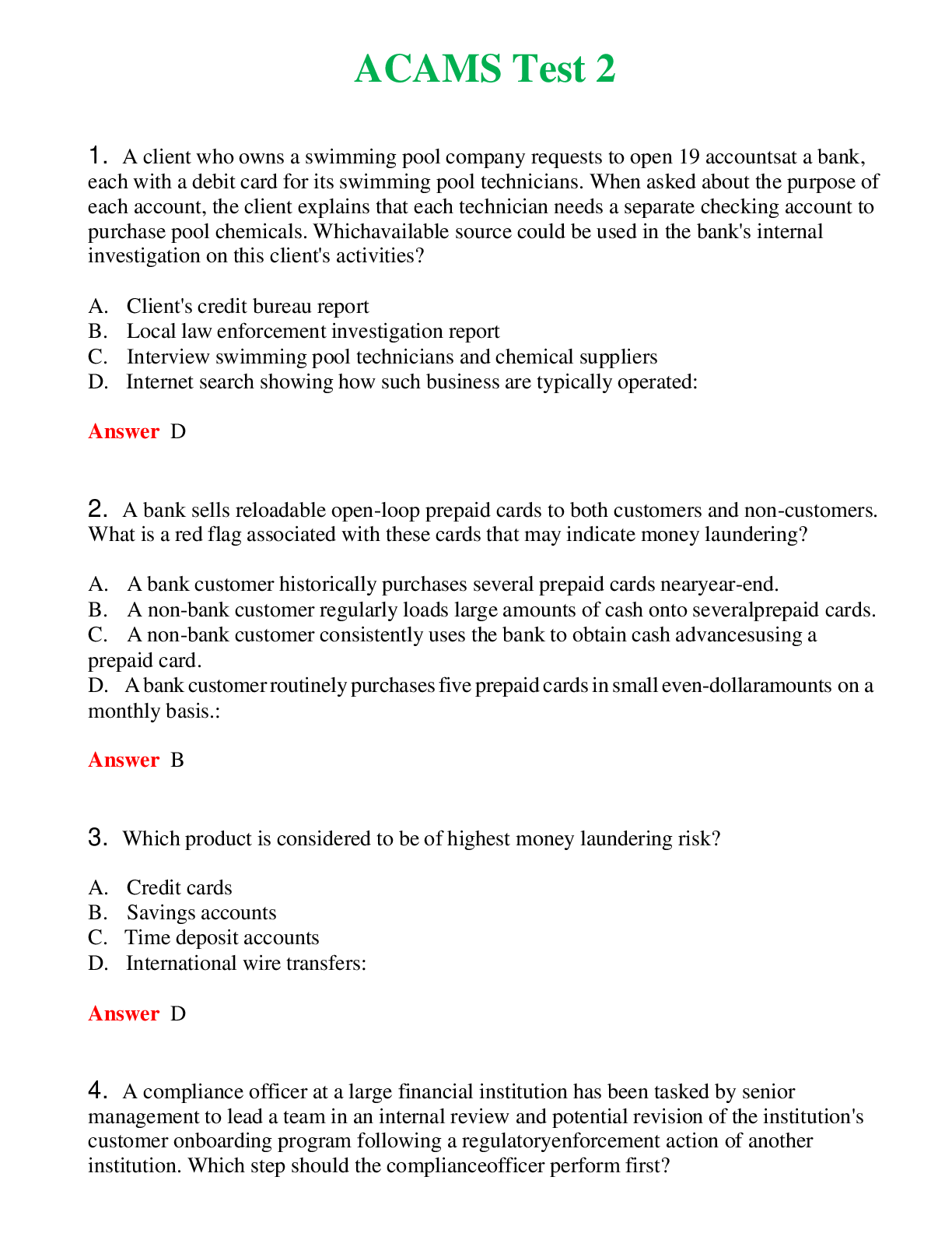 ACAMS Test 2 Actual Questions and Verified Answers ( Included ) 100% Correct