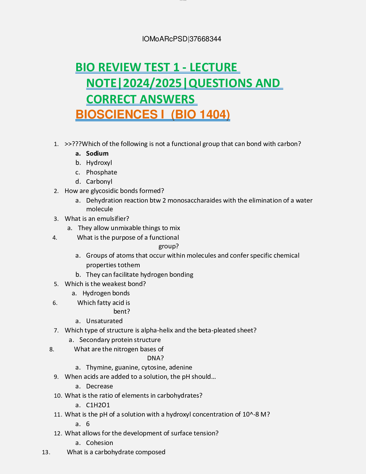 Preview image for BIO REVIEW TEST 1 - LECTURE NOTE|2024/2025|QUESTIONS AND CORRECT ANSWERS  BIOSCIENCES I  (BIO 1404)