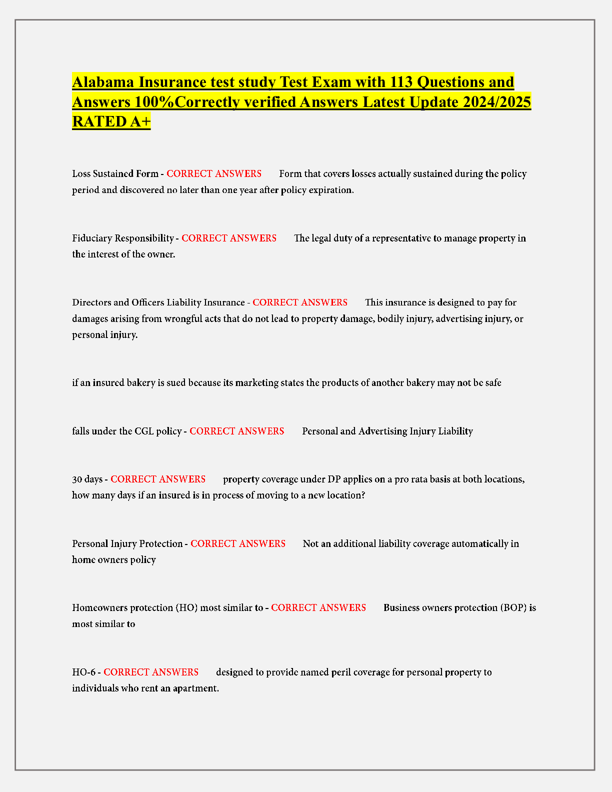 Preview of Alabama Insurance test study Test Exam with 113 Questions and Answers 100%Correctly verifi