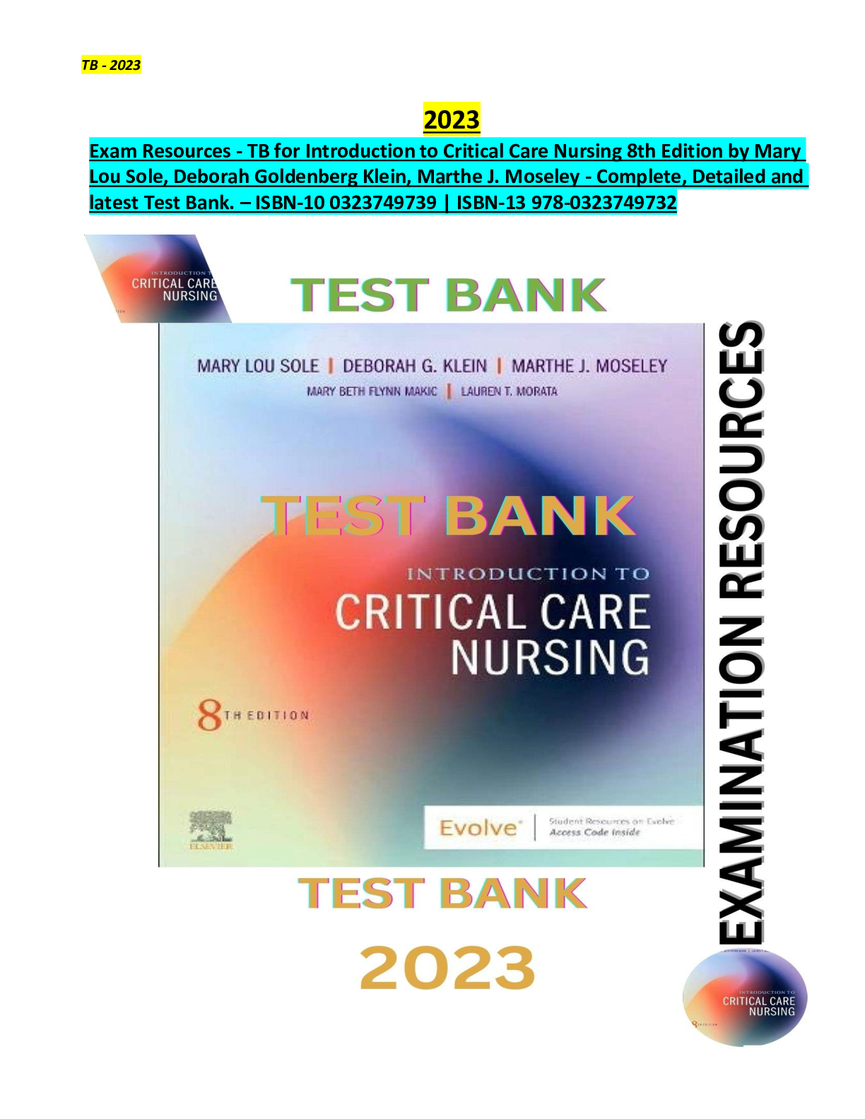 Test Bank for Introduction to Critical Care Nursing 8th Edition by Mary Lou Sole, Deborah G. Klein, Marthe J. Moseley