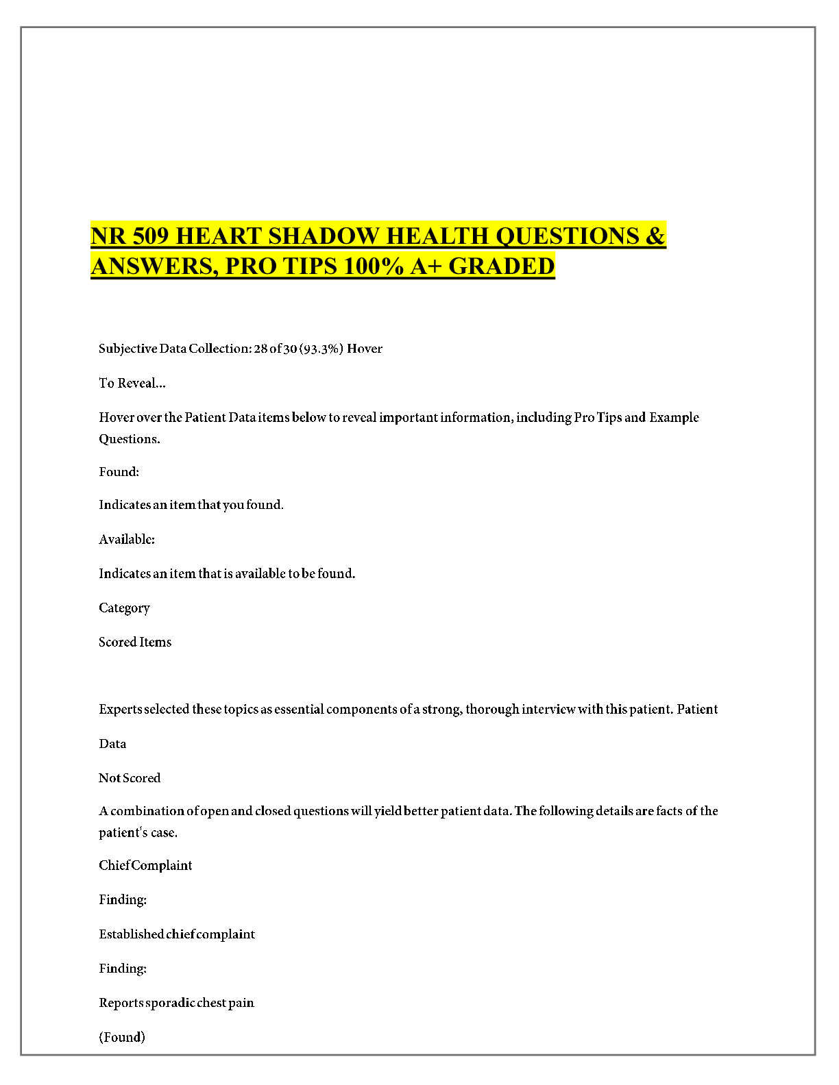 Preview of NR 509 HEART SHADOW HEALTH QUESTIONS & ANSWERS, PRO TIPS 100% A+ GRADED 2024