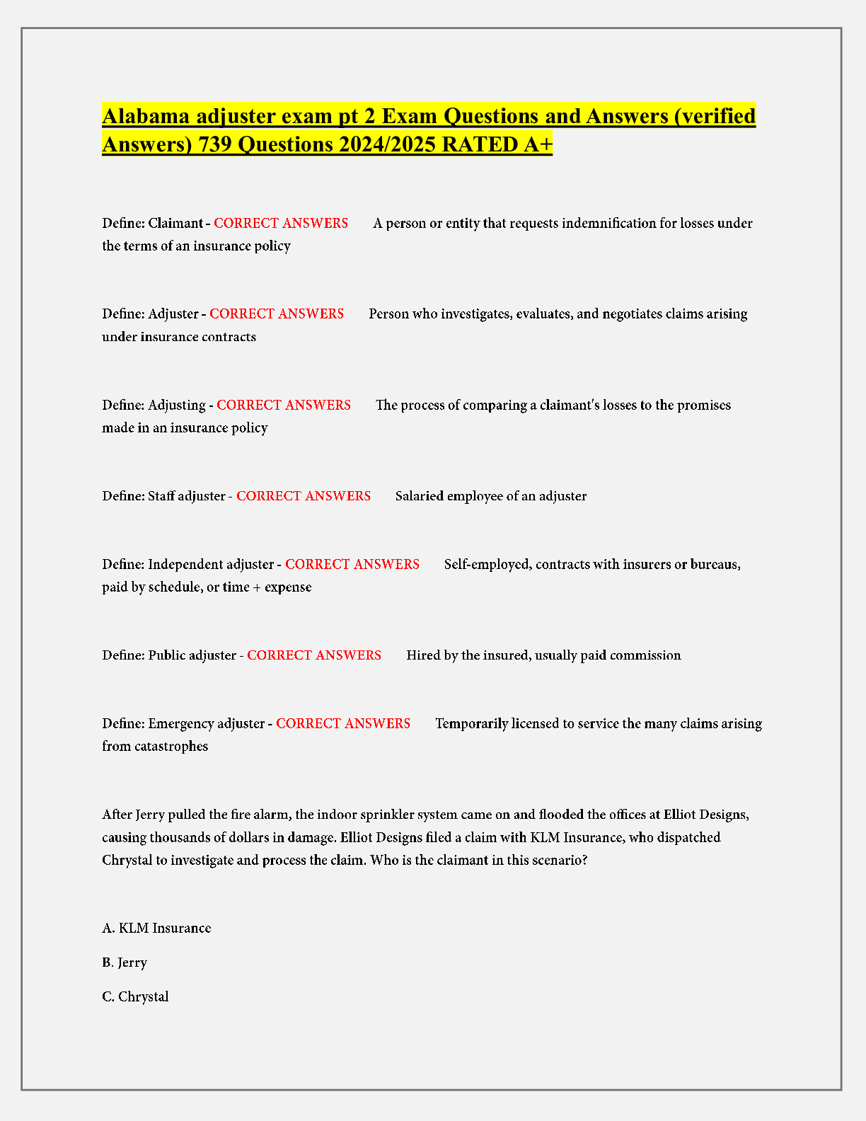 Preview of Alabama adjuster Exam pt 2 Exam Questions and Answers (verified Answers) 739 Questions 202