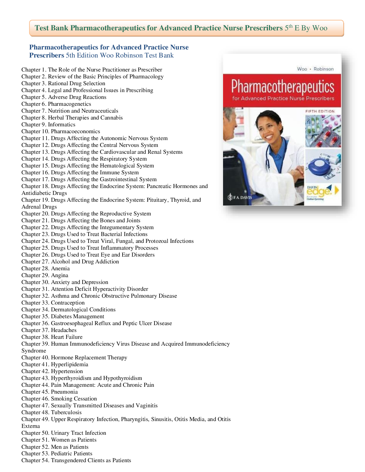 Preview of Test Bank for Pharmacotherapeutics for Advanced Practice Nurse Prescribers 5th Edition Woo Robinson Complete Guide A+ Chapter 1-55