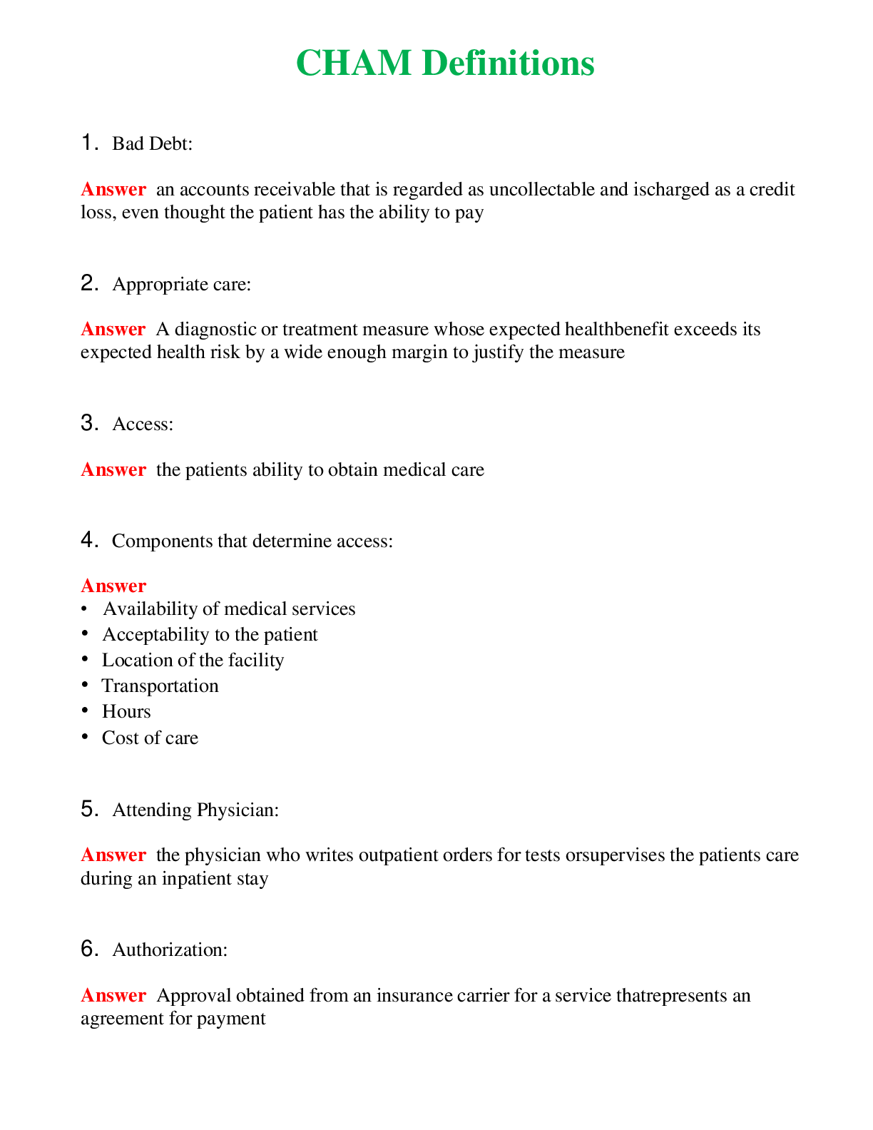   CHAM Definitions Actual Questions and Verified Answers ( Included ) 100% Correct