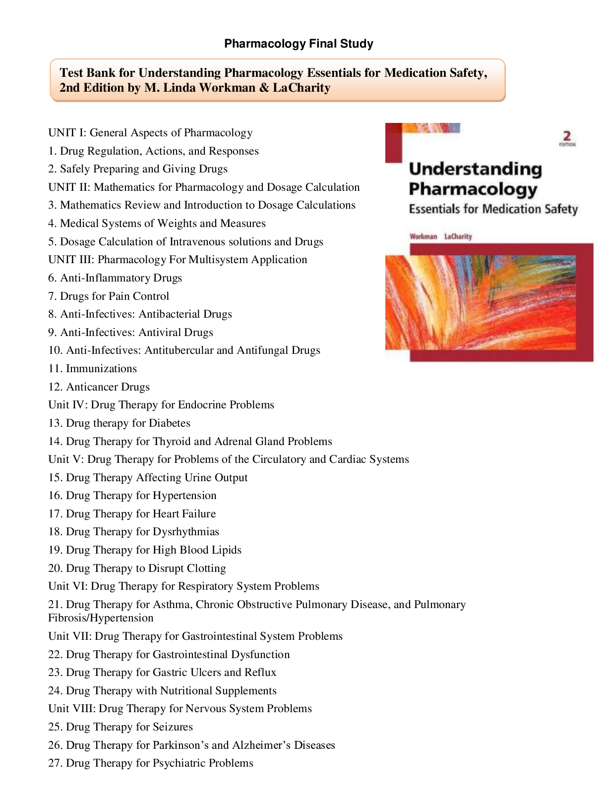 Preview of Test Bank for Understanding Pharmacology Essentials for Medication Safety, 2nd Edition by