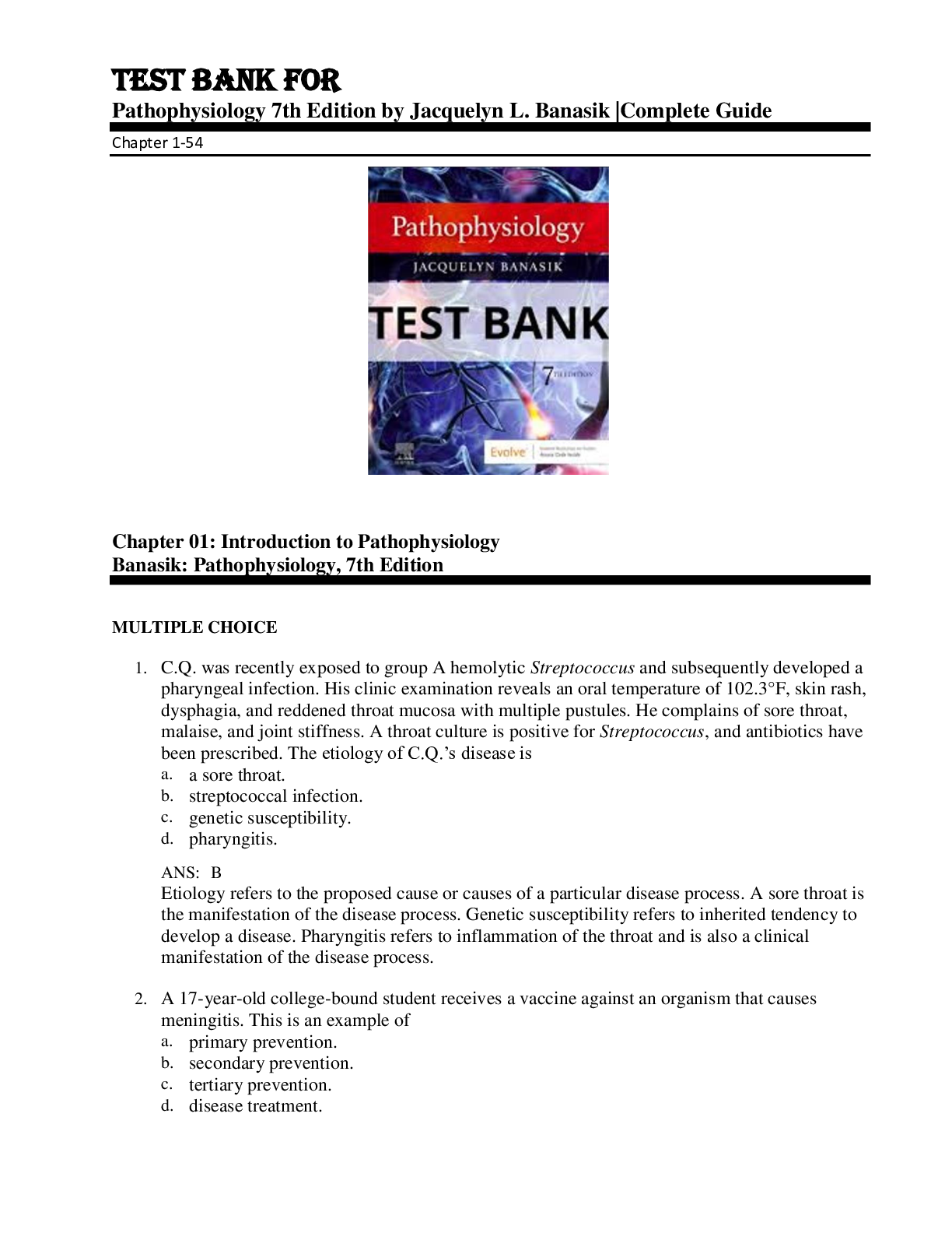 Preview of Test Bank For Pathophysiology 7th Edition by Jacquelyn L. Banasik Chapter 1-54Complete Guide