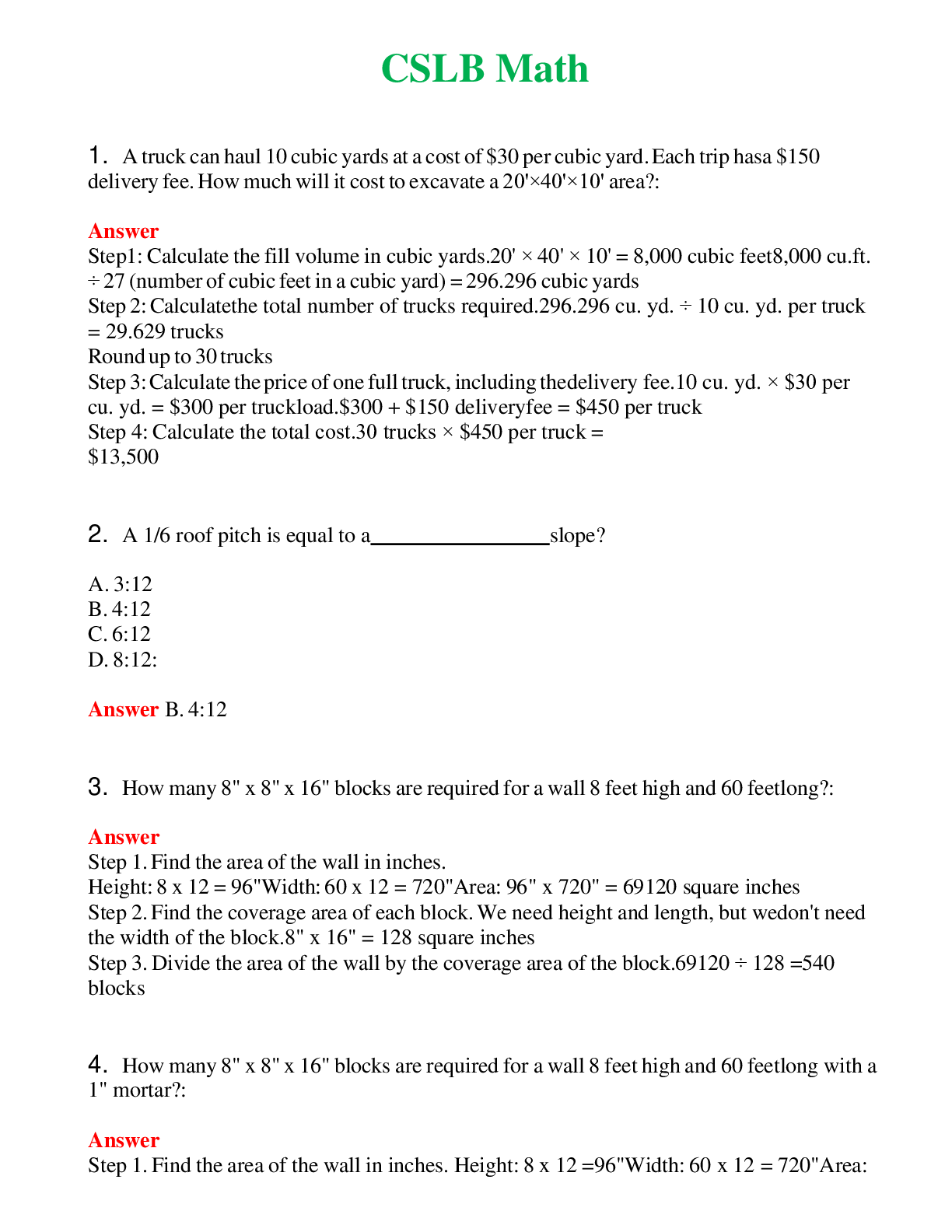 CSLB Math Actual Questions and Verified Answers ( Included ) 100% Correct