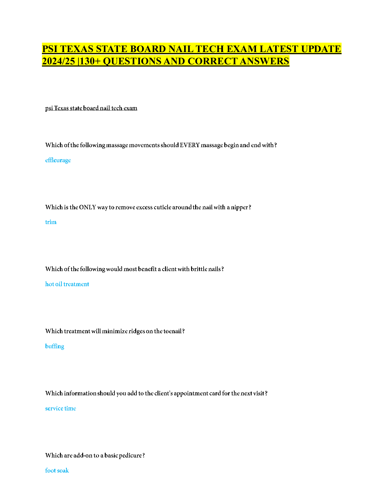 Preview of PSI TEXAS STATE BOARD NAIL TECH EXAM LATEST UPDATE 2024/25 |130+ QUESTIONS AND CORRECT ANS