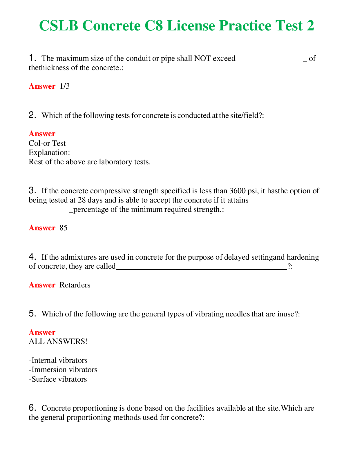 CSLB Concrete C8 License Practice Test 2 Actual Questions and Verified Answers ( Included ) 100% Correct