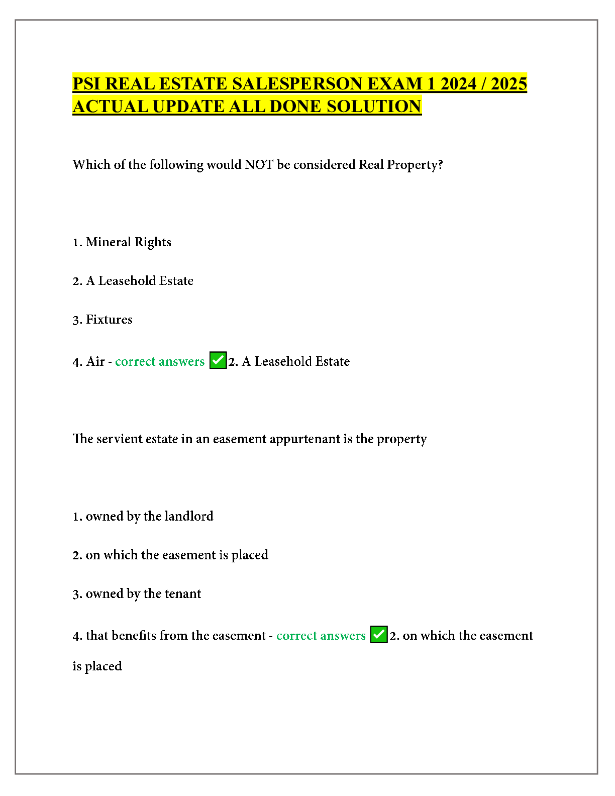 Preview of PSI REAL ESTATE SALESPERSON EXAM 1 2024/2025 ACTUAL UPDATE ALL DONE SOLUTION