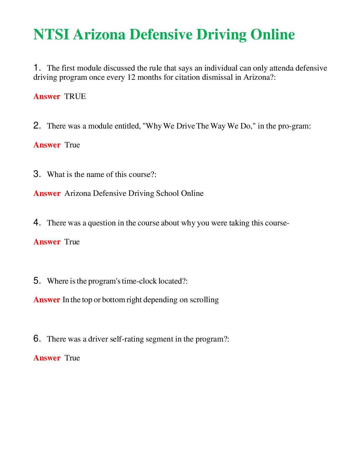 Preview image for NTSI Arizona Defensive Driving Online   Questions With Complete Grade A+ Answers