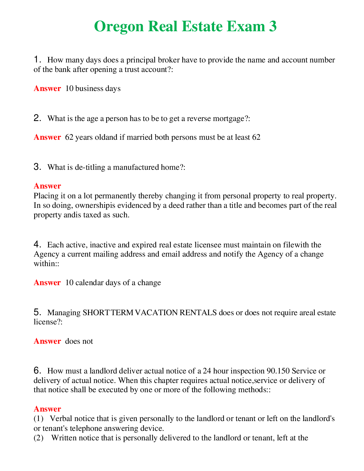 Preview image for Oregon Real Estate Exam 3 Actual Questions and Verified Answers ( Included ) 100% Correct