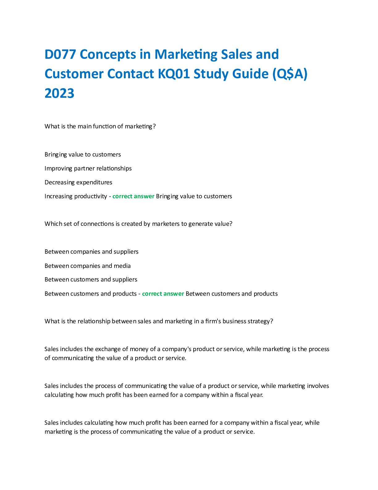 Recommended document preview for D077 Concepts in Marketing Sales and  Customer Contact KQ01 Study Guide (Q$A)  2023