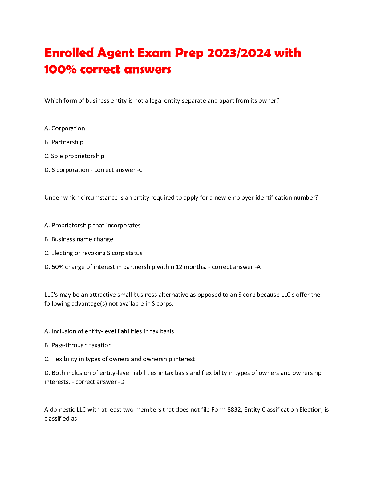 Preview of Enrolled Agent Exam Prep 2023/2024 with  100% correct answers
