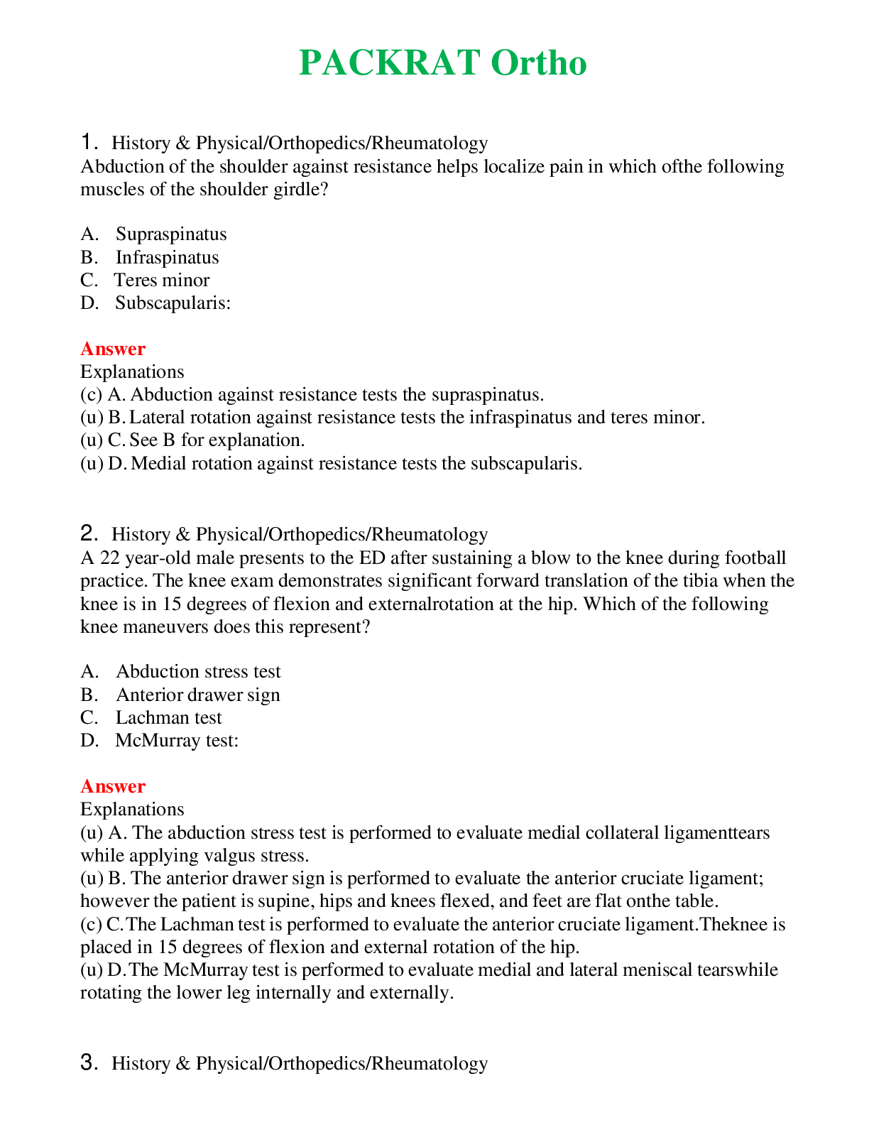 Preview image for PACKRAT Ortho   Questions With Complete Grade A+ Answers