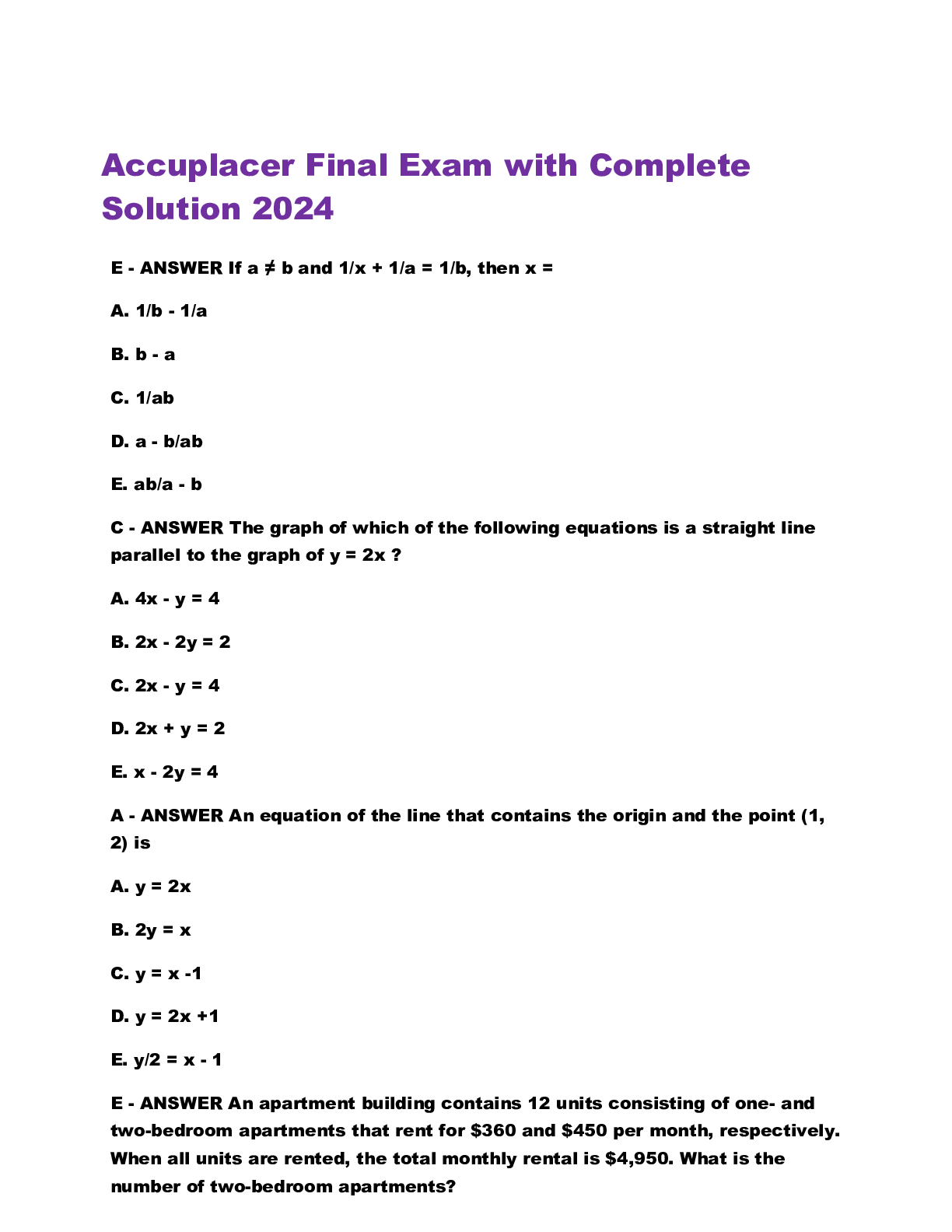 Preview of Accuplacer Final Exam with Complete  Solution 2024