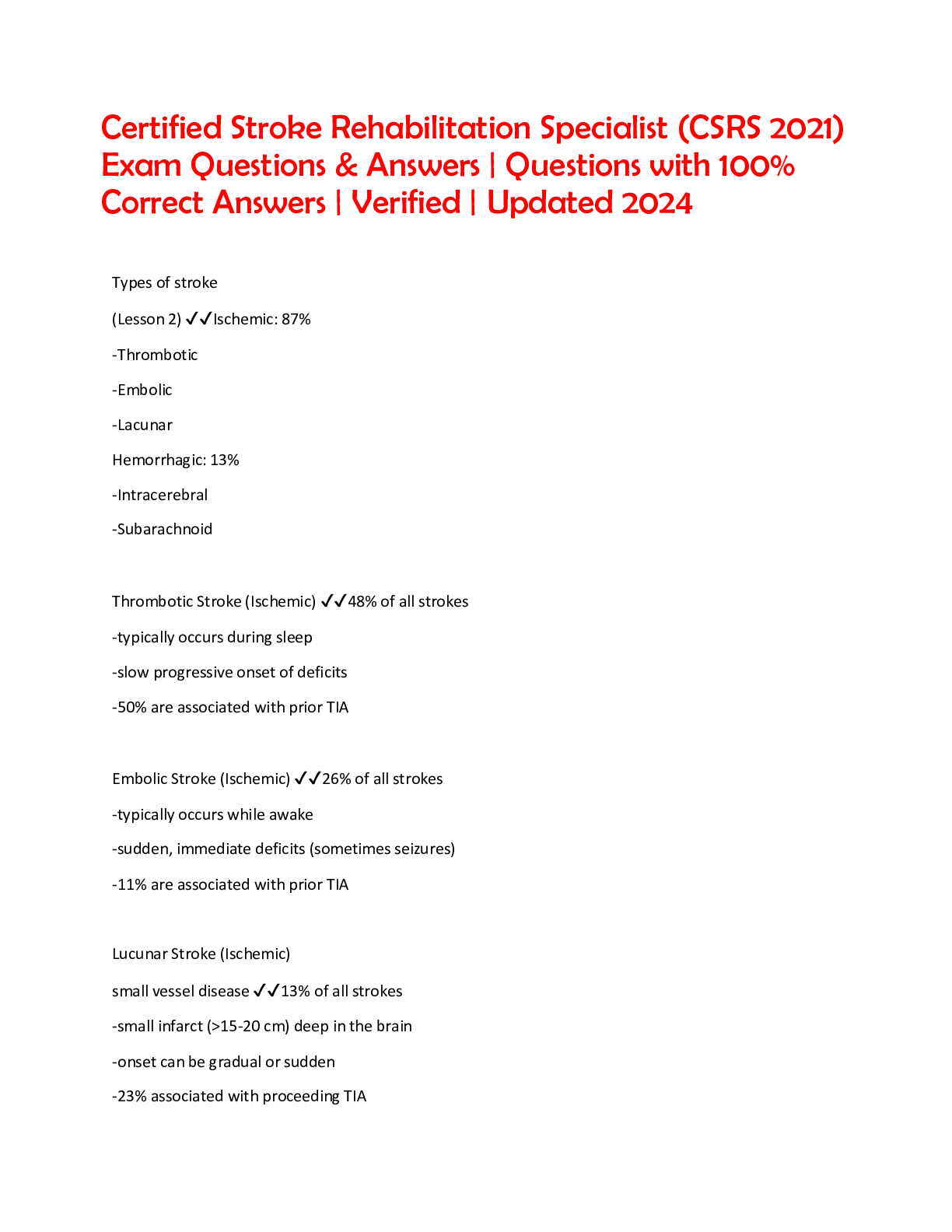 Preview of Certified Stroke Rehabilitation Specialist (CSRS 2021) Exam Questions &amp; Answers | Questions with 100% Correct Answers | Verified | Updated 2024