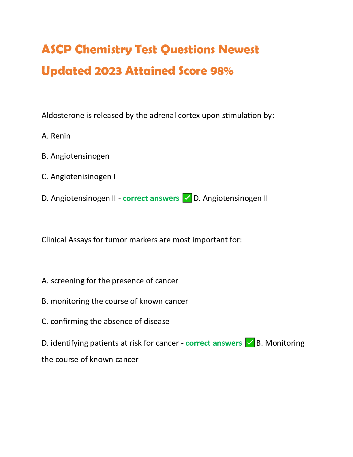 Preview of ASCP Chemistry Test Questions Newest  Updated 2023 Attained Score 98%