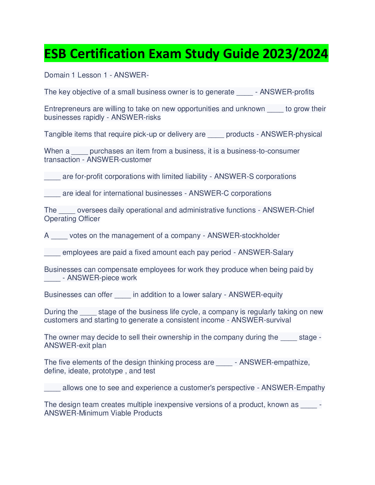 Preview of ESB Certification Exam Study Guide 2023/2024