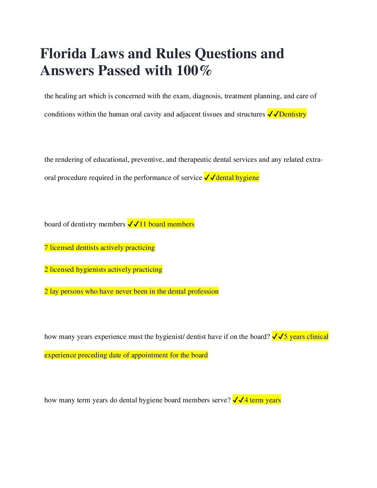 Preview image for Florida Laws and Rules Questions and  Answers Passed with 100%