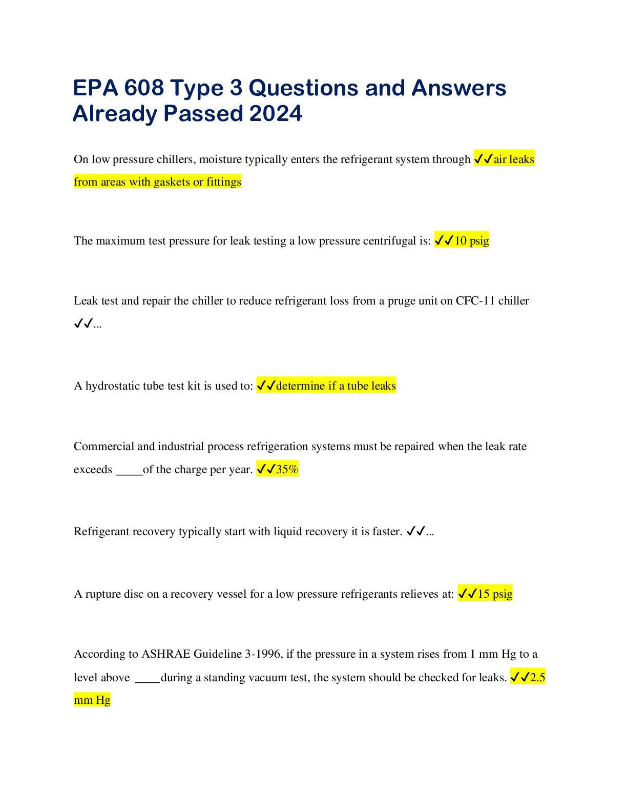 Preview of EPA 608 Type 3 Questions and Answers  Already Passed 2024