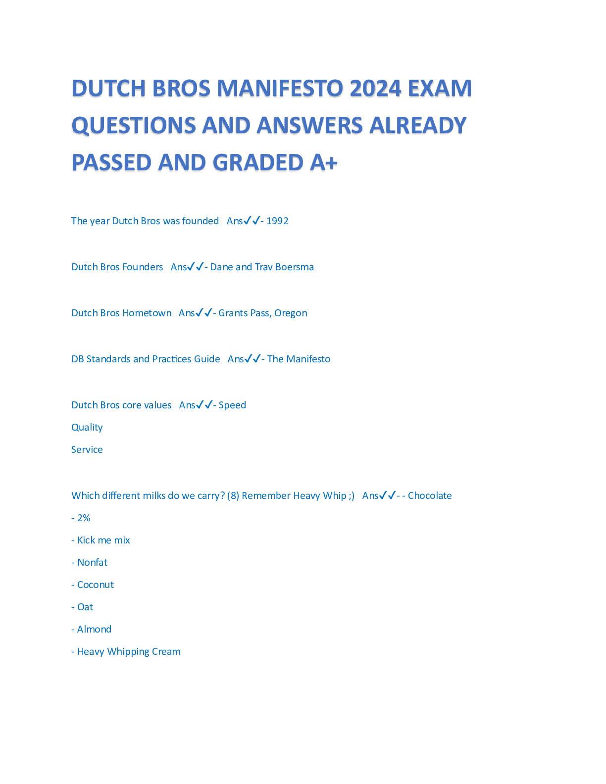 Preview of DUTCH BROS MANIFESTO 2024 EXAM  QUESTIONS AND ANSWERS ALREADY  PASSED AND GRADED A+