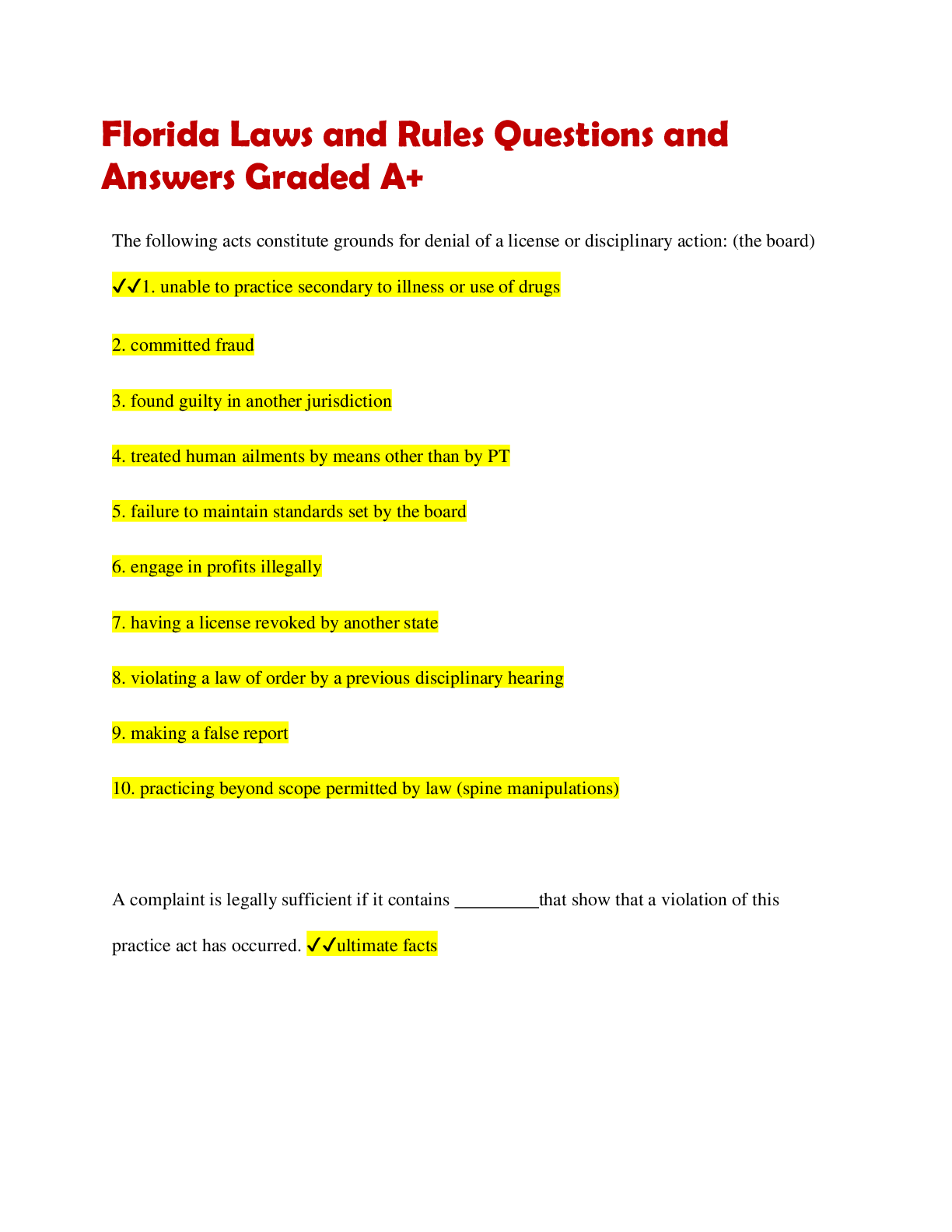 Preview image for Florida Laws and Rules Questions and  Answers Graded A+