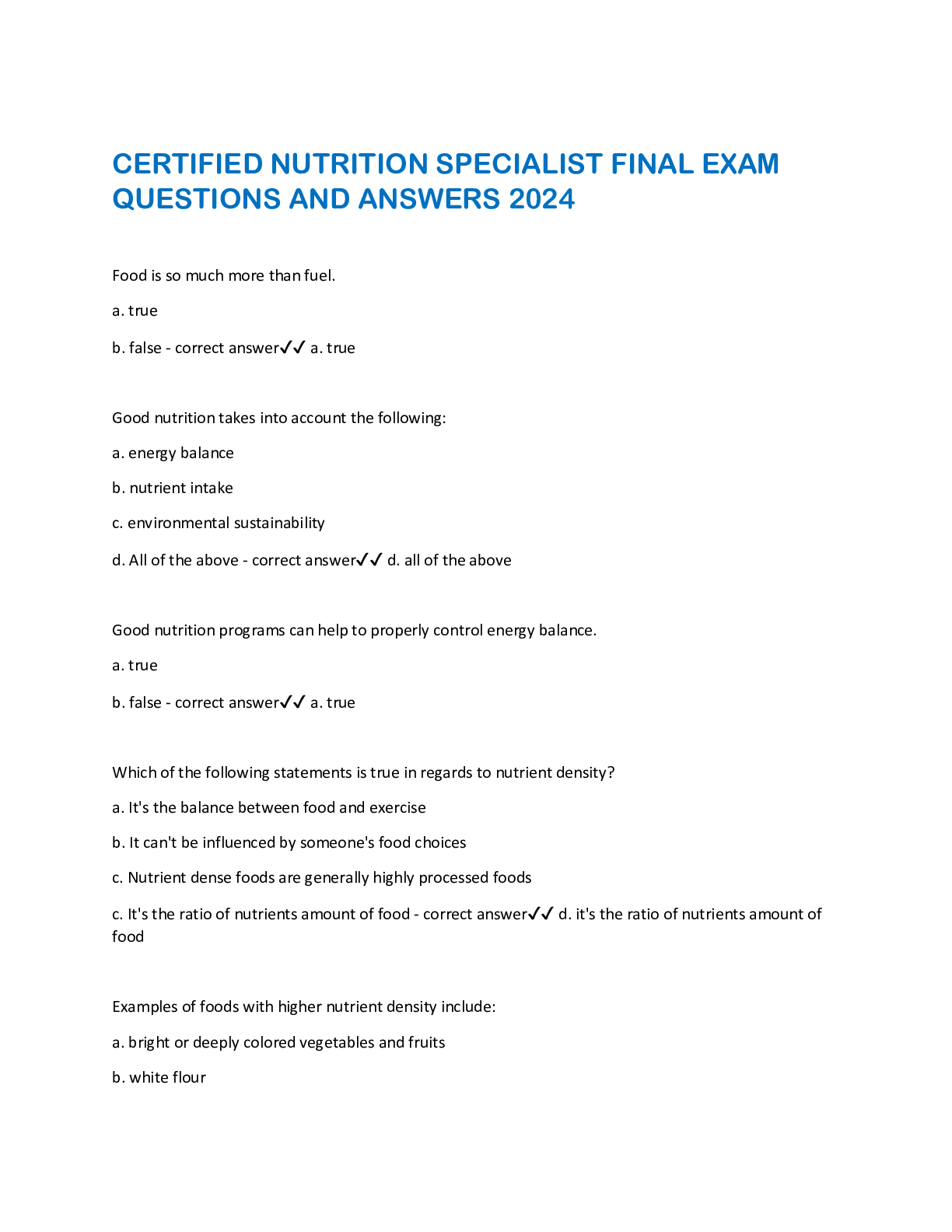 Preview of CERTIFIED NUTRITION SPECIALIST FINAL EXAM QUESTIONS AND ANSWERS 2024