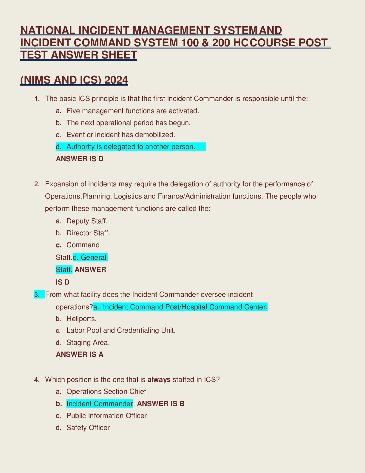 Preview image for NATIONAL INCIDENT MANAGEMENT SYSTEM AND INCIDENT COMMAND SYSTEM 100 & 200 HC COURSE POST TEST ANSWER SHEET  (NIMS AND ICS) 2024