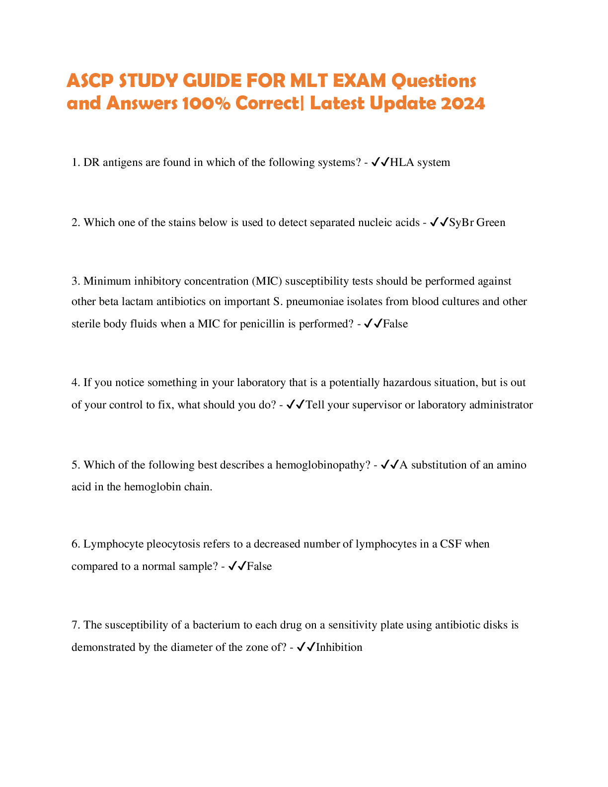 Preview of ASCP STUDY GUIDE FOR MLT EXAM Questions and Answers 100% Correct| Latest Update 2024
