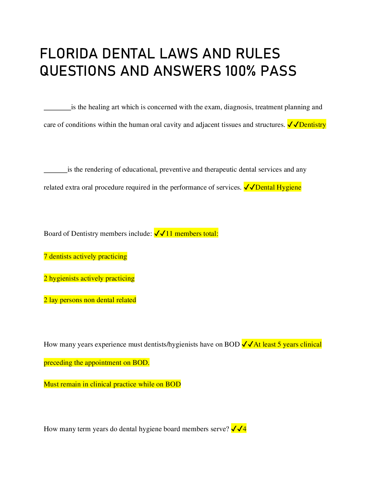 Preview image for FLORIDA DENTAL LAWS AND RULES QUESTIONS AND ANSWERS 100% PASS