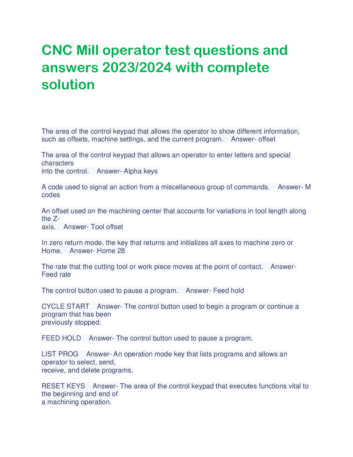 Preview of CNC Mill operator test questions and  answers 2023/2024 with complete  solution