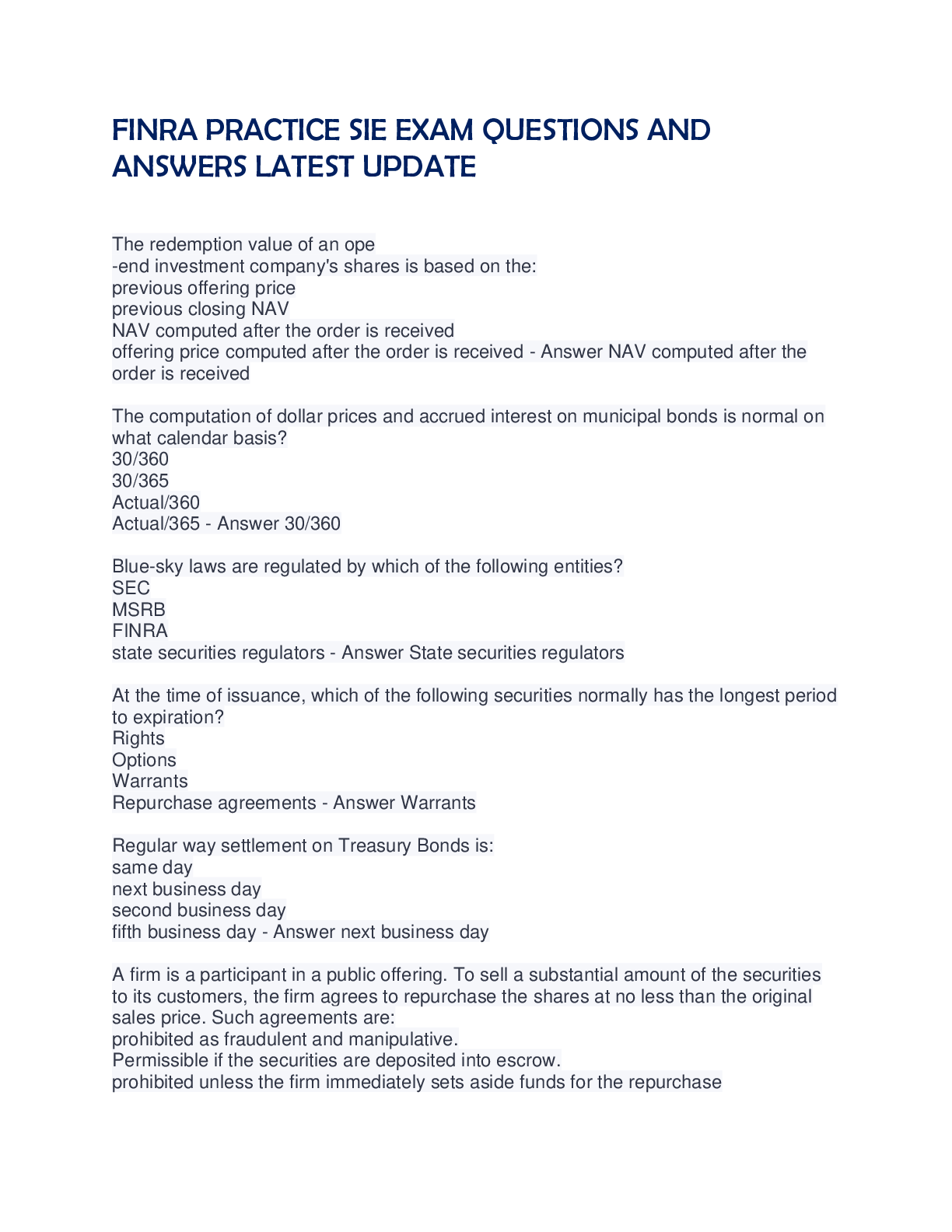 Preview image for FINRA PRACTICE SIE EXAM QUESTIONS AND  ANSWERS LATEST UPDATE